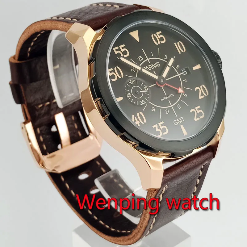 44mm Parnis Black Dial Rose Gold Steel Case red Adjustable GMT needle Leather Automatic Men's Watch E2540
44mm Parnis Black Dial Rose Gold Steel Case red Adjustable GMT needle Leather Automatic Men's Watch E2540