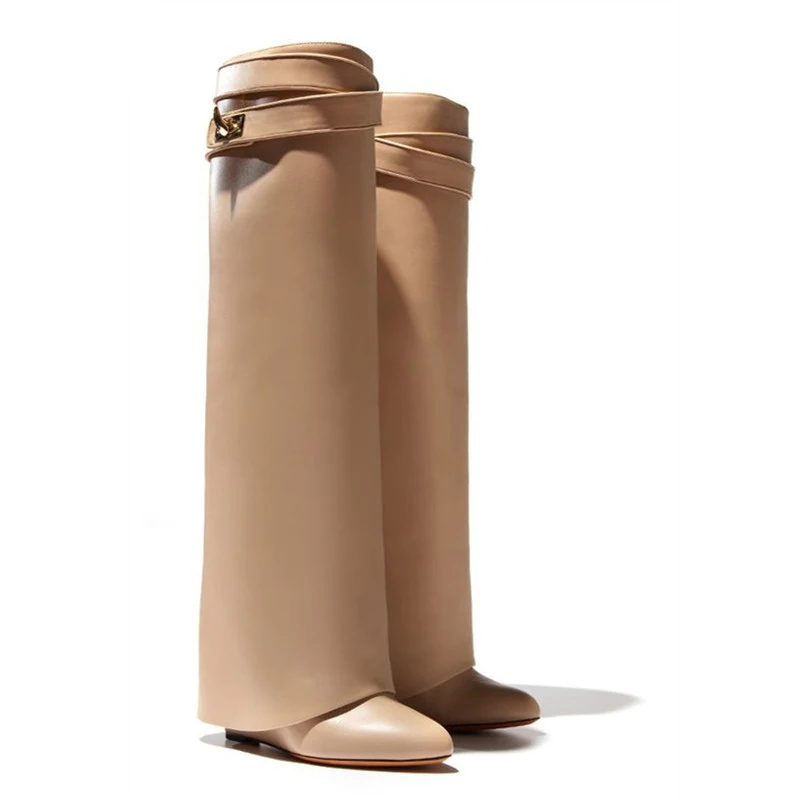 Silver Metal Shark lock Knee high Boots Women Designer Pointed Toe Leather Wedge increase Height High heel Shoes Woman Size35-42