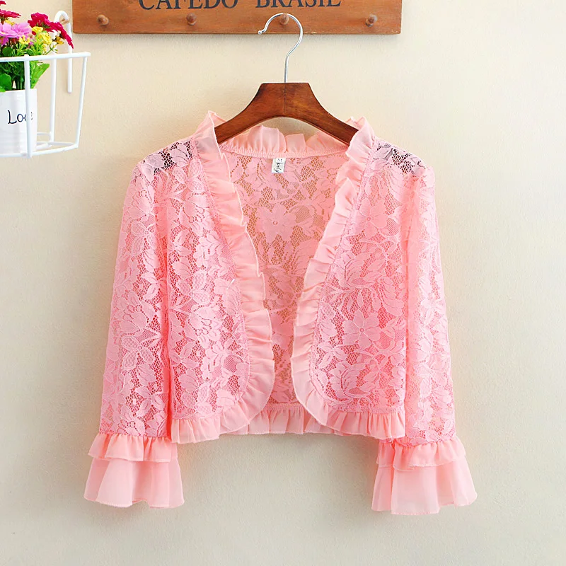Women's Coat Short Lotus Leaf Sleeves Lace Openwork Shawl Coat Cardigan Fashion Ladies Summer Sun Protection Clothing 2020 A523
Women's Coat Short Lotus Leaf Sleeves Lace Openwork Shawl Coat Cardigan Fashion Ladies Summer Sun Protection Clothing 2020 A523