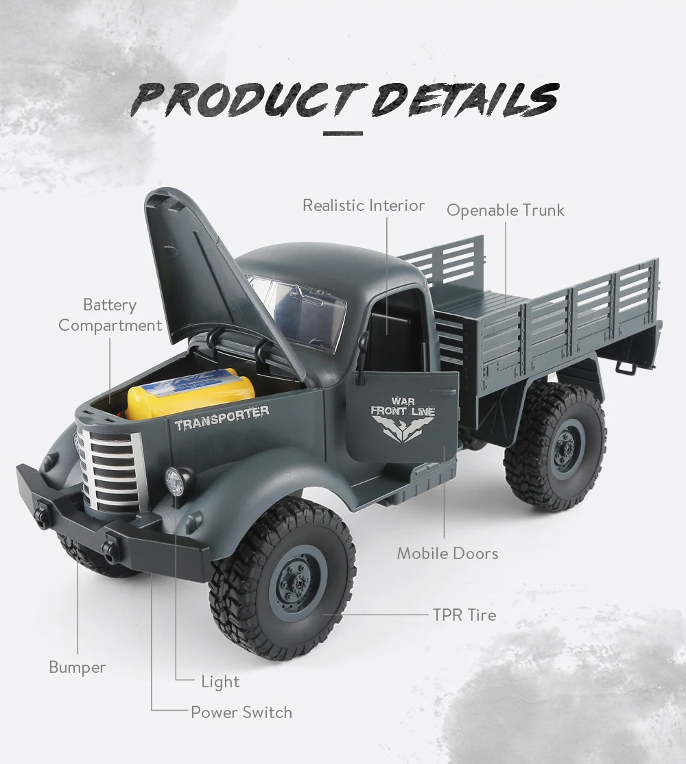 1/16 RC Truck 2.4G 6WD/ 4WD RC Off-road Crawler Military Truck Army Car Children Gift Kids Xmas/Birthday Toy for Kids
1/16 RC Truck 2.4G 6WD/ 4WD RC Off-road Crawler Military Truck Army Car Children Gift Kids Xmas/Birthday Toy for Kids
