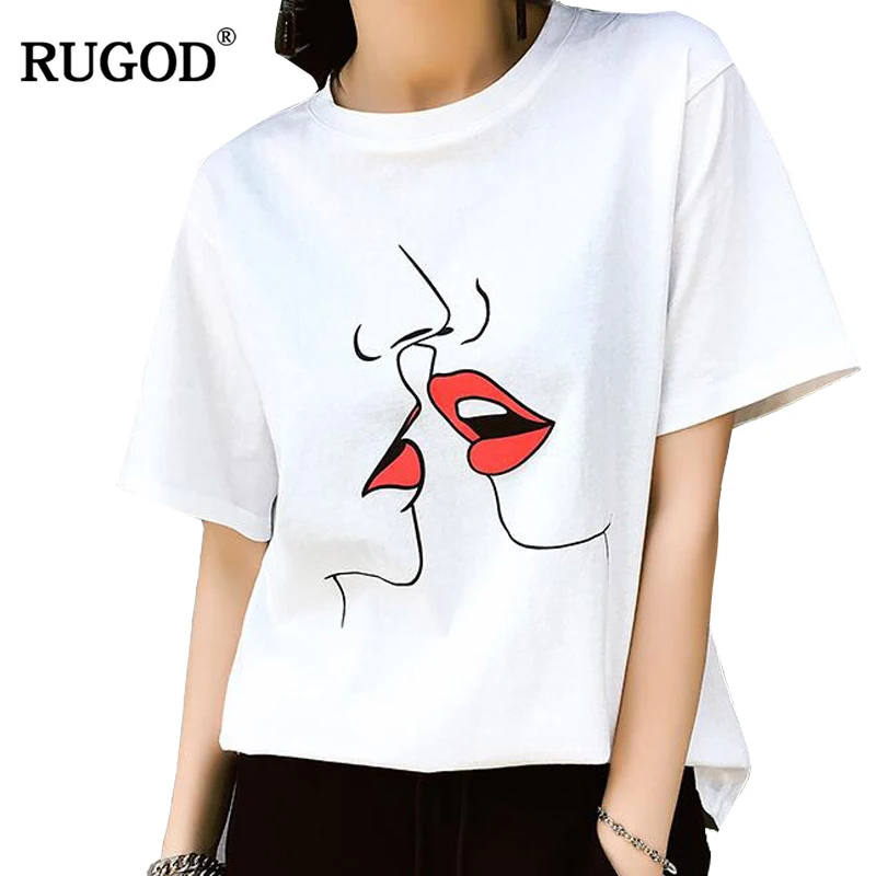 

RUGOD 2019 Newest Summer Style Sweet Kiss Print Tshirt Women Casual white O neck Short Sleeve Cotton T-shirt For Women Tops