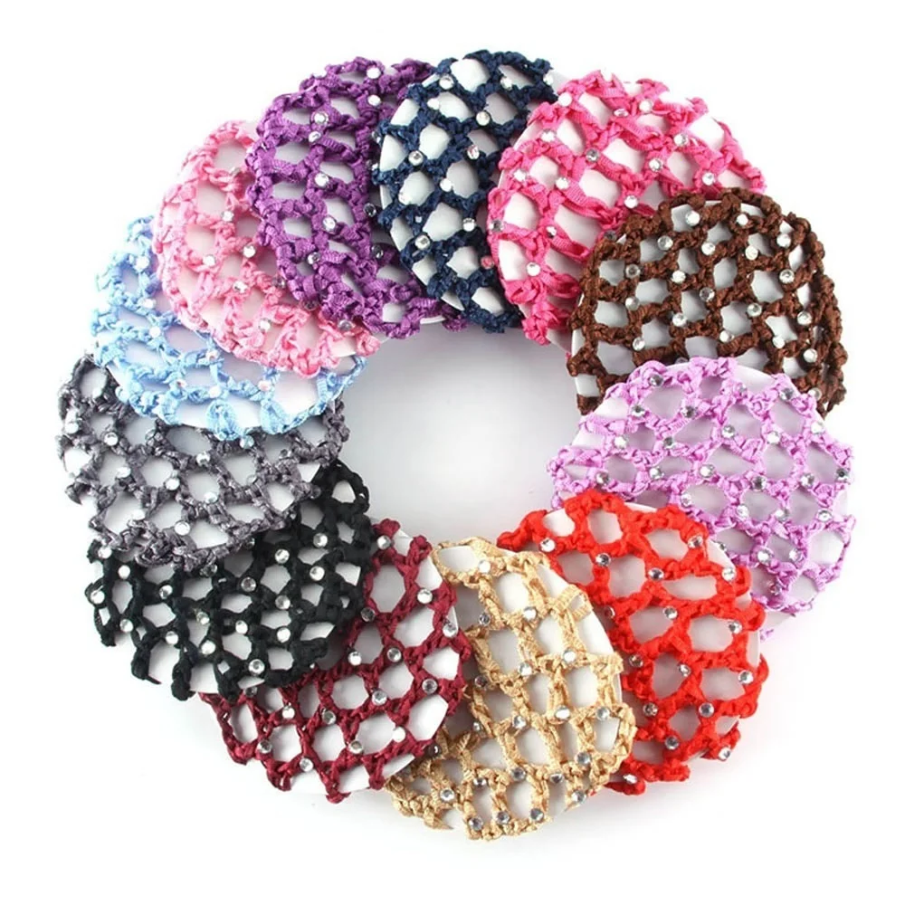 Горячая продажа горный хрусталь катания волос булочка Snood балетные вязанные