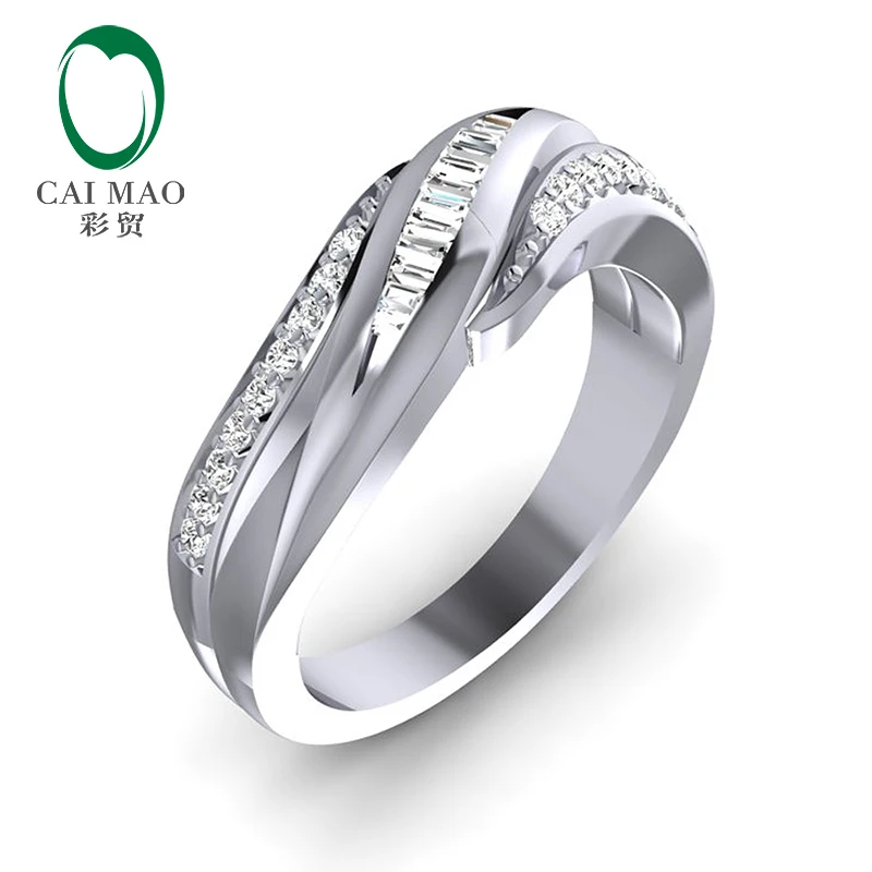 Caimao Free Shipping 14k White Gold 0.30ct Natural Baguette And Round Diamond Prong Ring Gift | Украшения и аксессуары