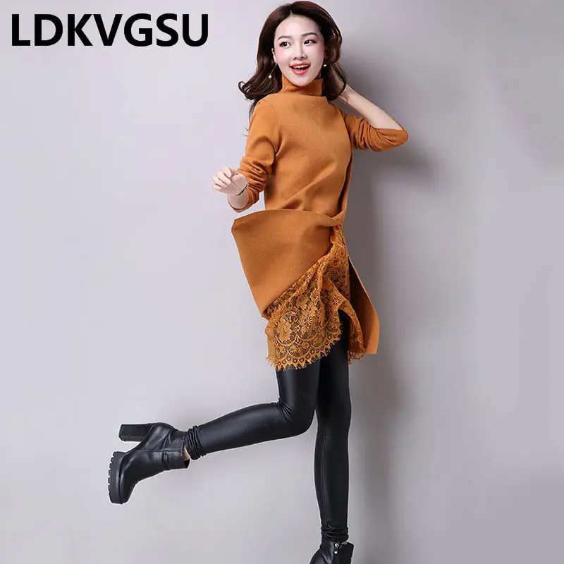 2018 Autumn Winter New Loose Large Size Women's Knit Dress Half Turtleneck Lace Splice Female Solid Color Sweater Dress Is1429
2018 Autumn Winter New Loose Large Size Women's Knit Dress Half Turtleneck Lace Splice Female Solid Color Sweater Dress Is1429