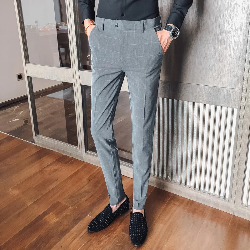 Британский стиль мужские брюки черные серые клетчатые средняя талия корейский