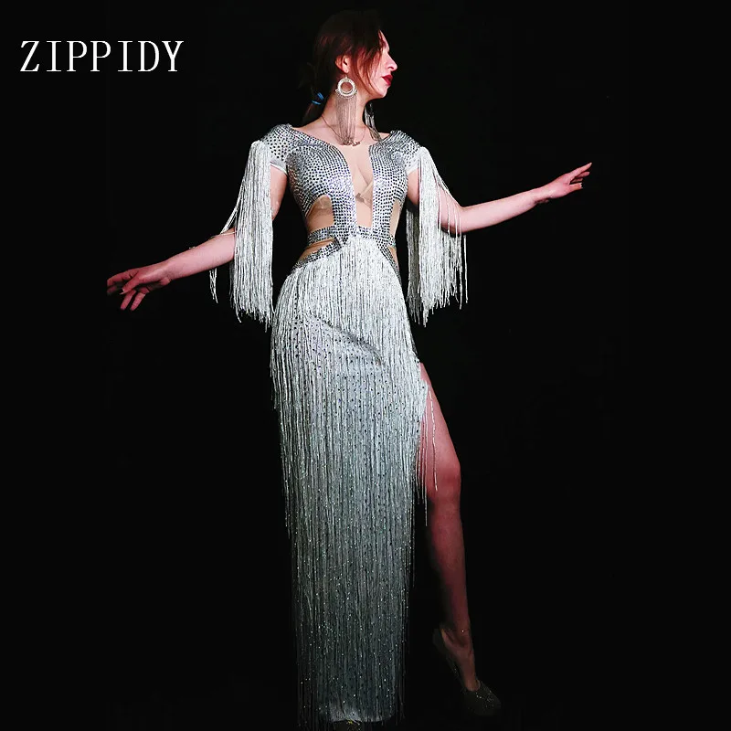 New Style Silver Rhinestones Sexy White Tassel Long Dress Birthday Celebrate Dress DJ Female Singer Show Stage One-Piece Dress
New Style Silver Rhinestones Sexy White Tassel Long Dress Birthday Celebrate Dress DJ Female Singer Show Stage One-Piece Dress