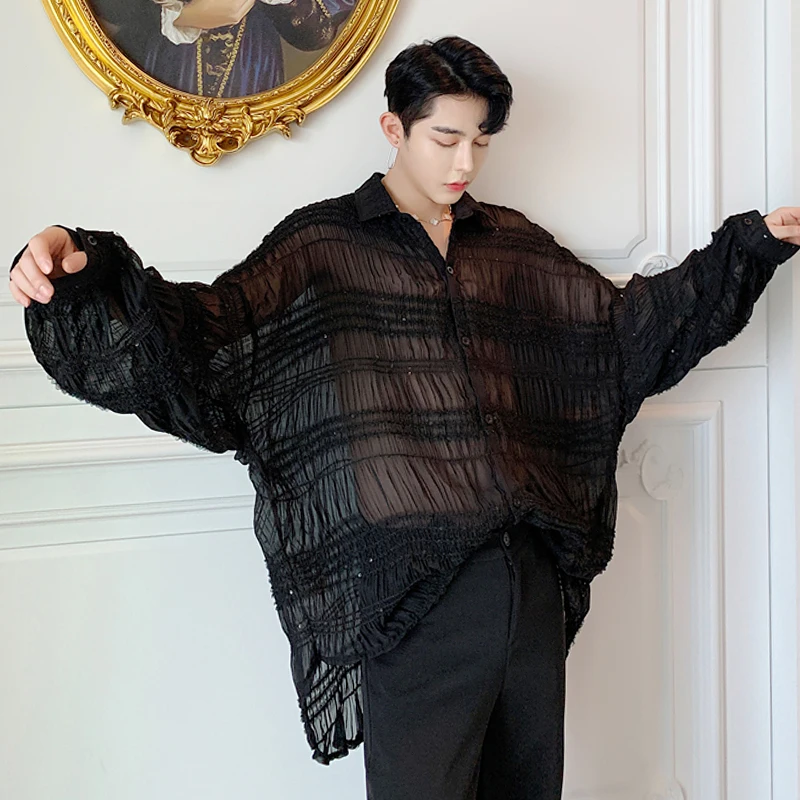 Summer Men's See-through Shirt Loose Long Sleeve Lace Pleated Oversize Tops Vintage Black White Free Size Free Shipping
Summer Men's See-through Shirt Loose Long Sleeve Lace Pleated Oversize Tops Vintage Black White Free Size Free Shipping