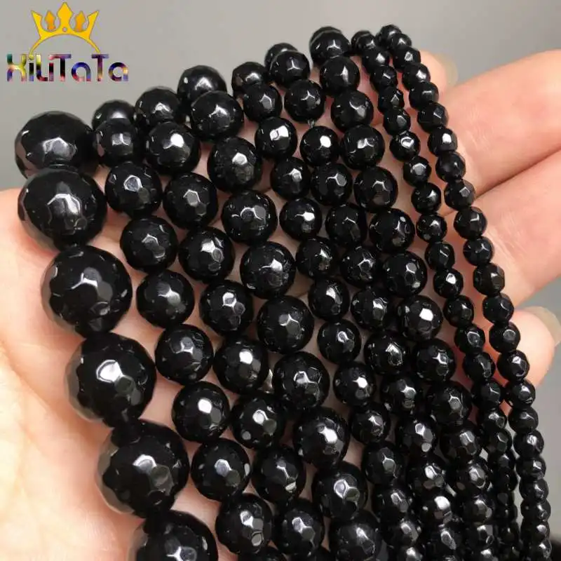 

Natural Faceted Black Agates Onyx Stone Beads Round Loose Spacer Beads For Jewelry Making DIY Bracelet 15'' Strand 4/6/8/10/12mm