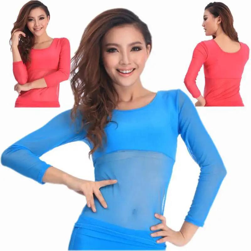 

2018 Leotard Indian dance costume lycra belly dance long-sleeve gauze basic top shirt for women 9 colors