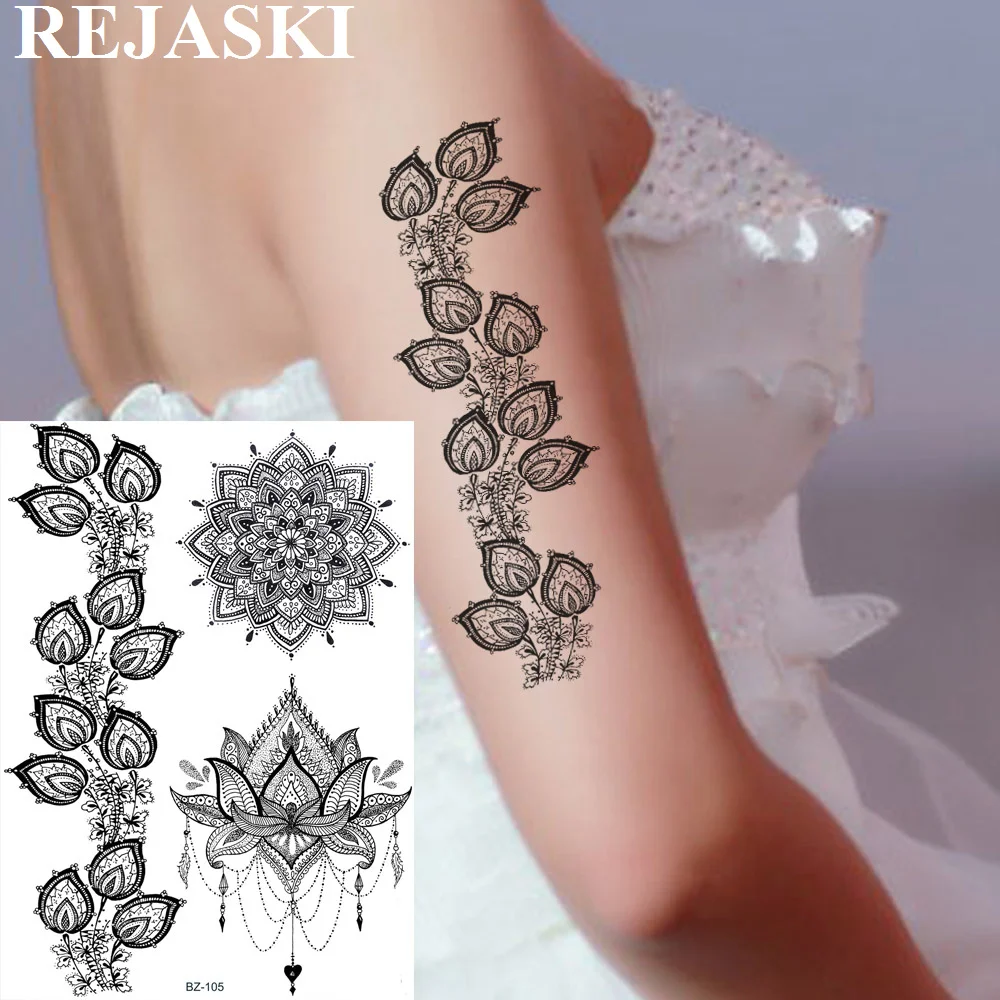 REJASKI Black Henna Lotus Temporary Tattoos Sticker Mandala Flower Chains Art Custom Tattoo for women Sexy Washable Tatoos
REJASKI Black Henna Lotus Temporary Tattoos Sticker Mandala Flower Chains Art Custom Tattoo for women Sexy Washable Tatoos
