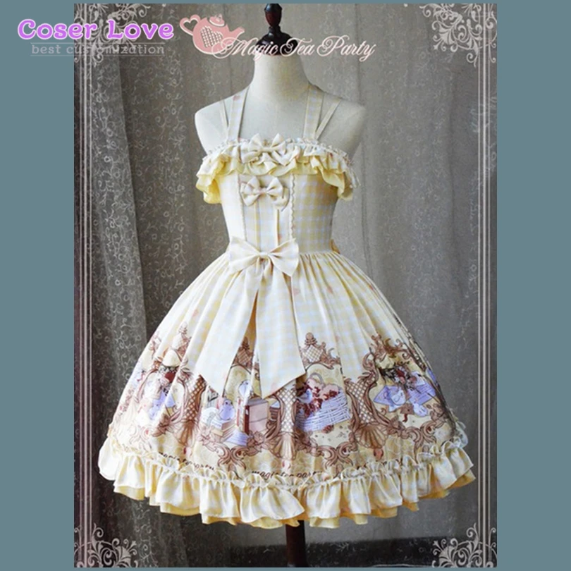 

Classic Lolita dress girl dress JSK Jumper Skirt Magic Tea Party Chiffon Sleeveless Bows Ruffles Frills Birds Printed Daffodil