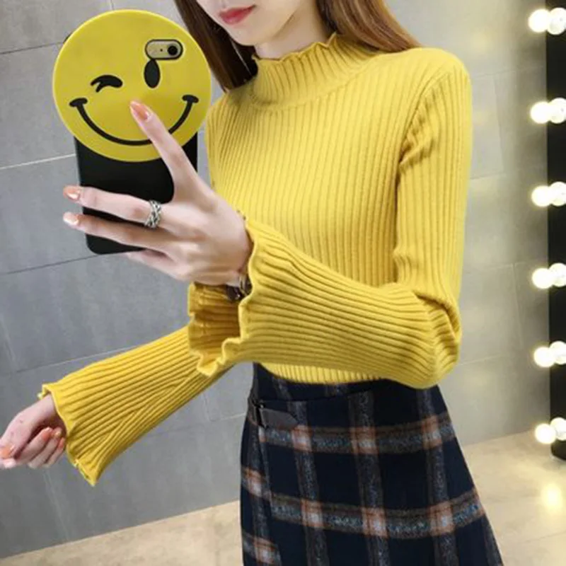 Fashion High-neck Sweater Female Autumn Winter New Slim Warm Pullover Sweater Trumpet Sleeve Knitted Sweater Ruffle Solid color
Fashion High-neck Sweater Female Autumn Winter New Slim Warm Pullover Sweater Trumpet Sleeve Knitted Sweater Ruffle Solid color