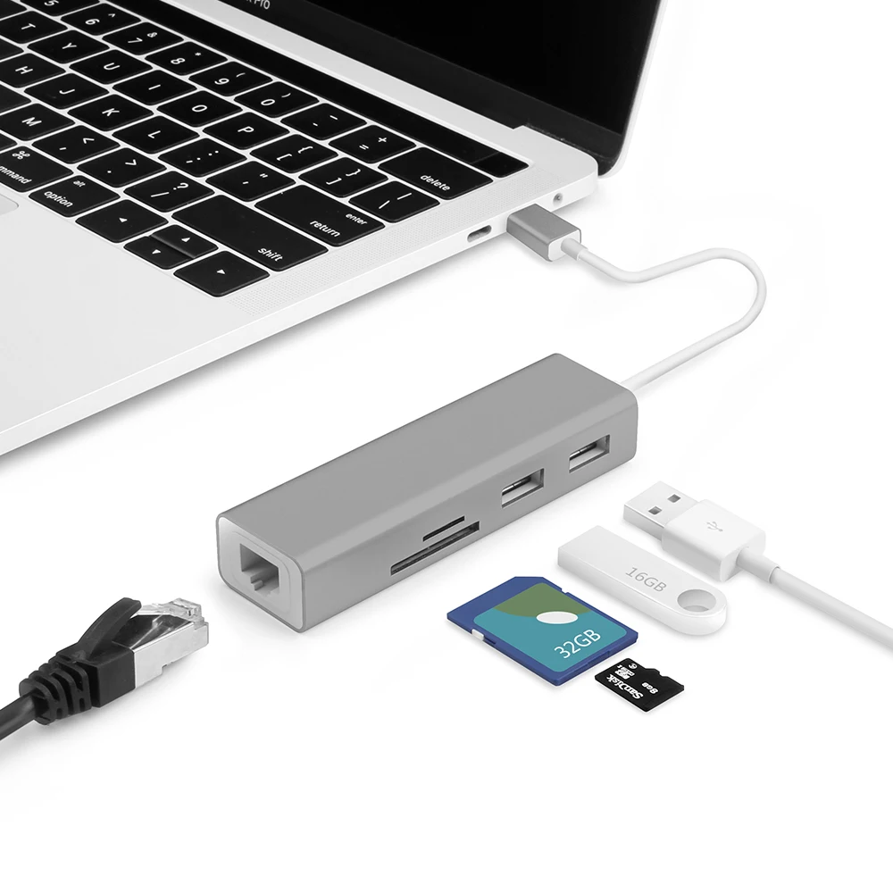 Фото Разветвитель двойной порт 2 0 дюйма USB C HUB для Gigabit Ethernet LAN Rj45|USB-хабы| |