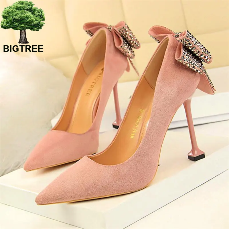 

Bigtree Sweet Crystal Butterfly-knot Women Pumps Solid Flock Fashion Shallow High Heels Shoes Women's Party Shoe Pointed Toe