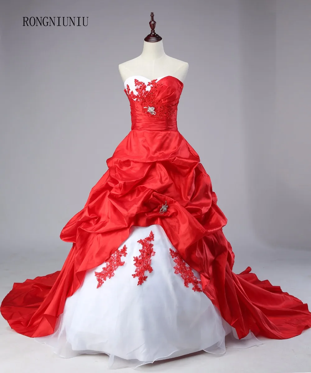 Wedding Dresses 2017 White and Red Sweetheart Court Train A-Line Taffeta Applique Ruffles Bridal Gowns Lace Up
Wedding Dresses 2017 White and Red Sweetheart Court Train A-Line Taffeta Applique Ruffles Bridal Gowns Lace Up