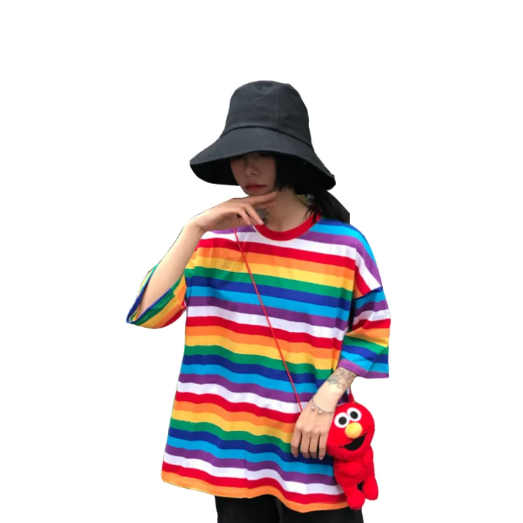 2019 Summer Womens T-shirts Korean Ulzzang Harajuku Clothing Rainbow Striped Short Sleeve T-shirt Women Loose Clotton Tshirt Top
2019 Summer Womens T-shirts Korean Ulzzang Harajuku Clothing Rainbow Striped Short Sleeve T-shirt Women Loose Clotton Tshirt Top