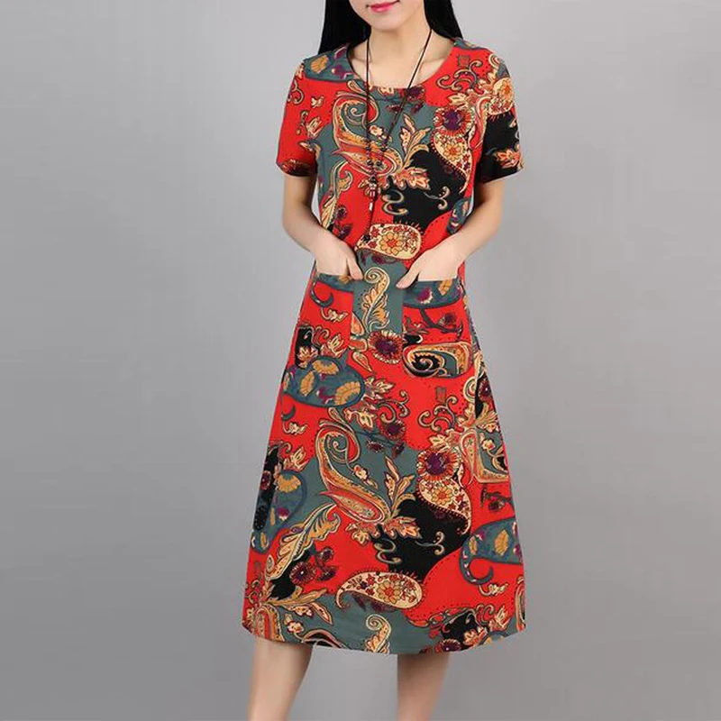 Elegant vintage print women cotton linen dress 2017 new loose casual short sleeve plus size O-neck long summer dress for female
Elegant vintage print women cotton linen dress 2017 new loose casual short sleeve plus size O-neck long summer dress for female