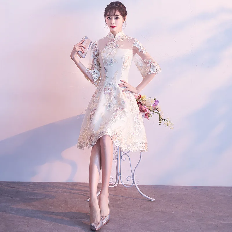 Кружевное китайское платье цвета шампанского Qipao вечерние платья для невесты