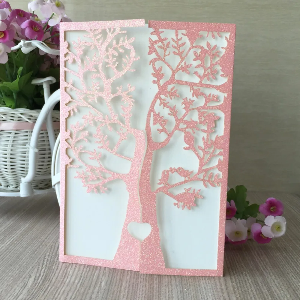 50pcs Laser Cut Glitter paper Pink Silver Rose Gold Tree with bird Wedding Party Invitation Card Birthday Blessing Paper card
50pcs Laser Cut Glitter paper Pink Silver Rose Gold Tree with bird Wedding Party Invitation Card Birthday Blessing Paper card