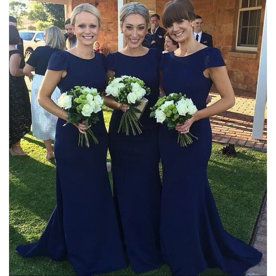 Navy Blue Mermaid Modest Prom Dresses With Cap Sleeves Simple Plain Long Formal Country Maids of Honor Gowns Evening Dress
Navy Blue Mermaid Modest Prom Dresses With Cap Sleeves Simple Plain Long Formal Country Maids of Honor Gowns Evening Dress