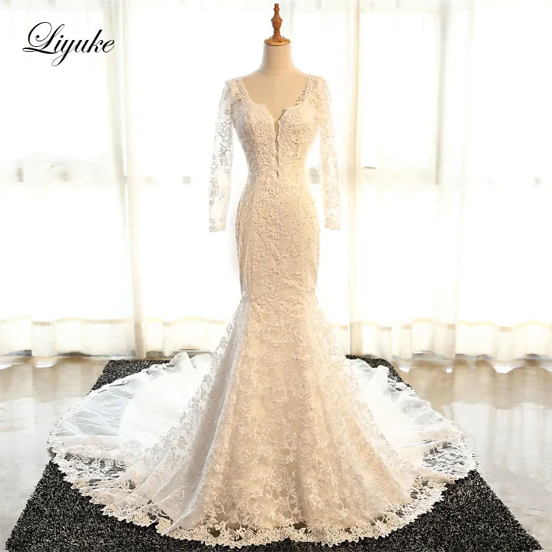 Luxurious Lace Deep V-Neck Mermaid Wedding Dresses Full Sleeves Marvelous Beaded Appliques Backless Chapel Train Bride Dresses
Luxurious Lace Deep V-Neck Mermaid Wedding Dresses Full Sleeves Marvelous Beaded Appliques Backless Chapel Train Bride Dresses