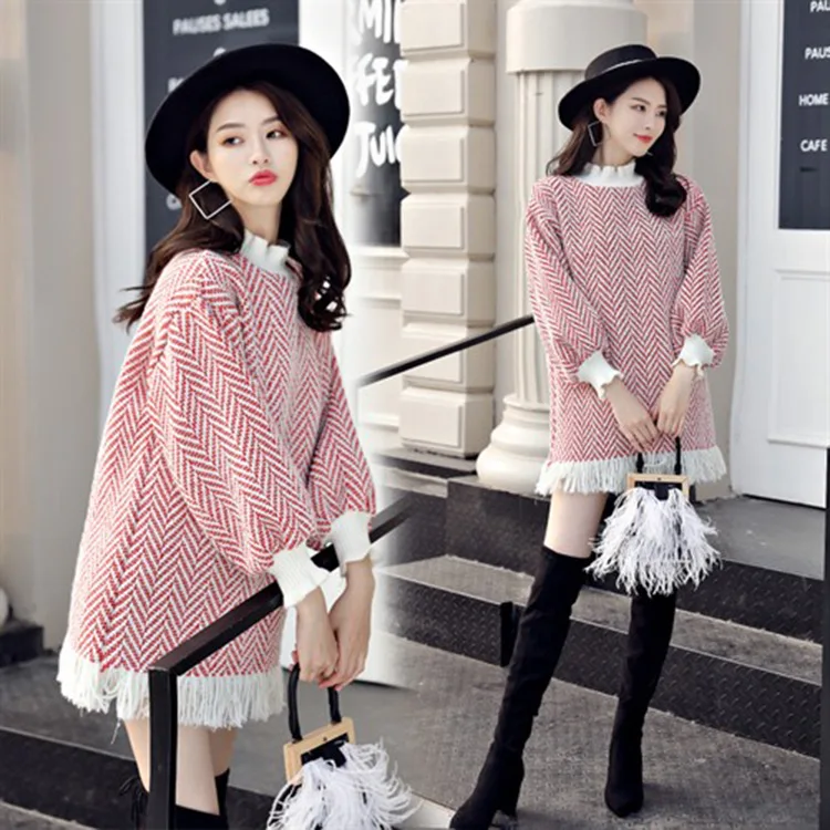 Women's spring, autumn and winter new elegant fashion lotus leaf collar tassel hem knit striped dress AL236
Women's spring, autumn and winter new elegant fashion lotus leaf collar tassel hem knit striped dress AL236