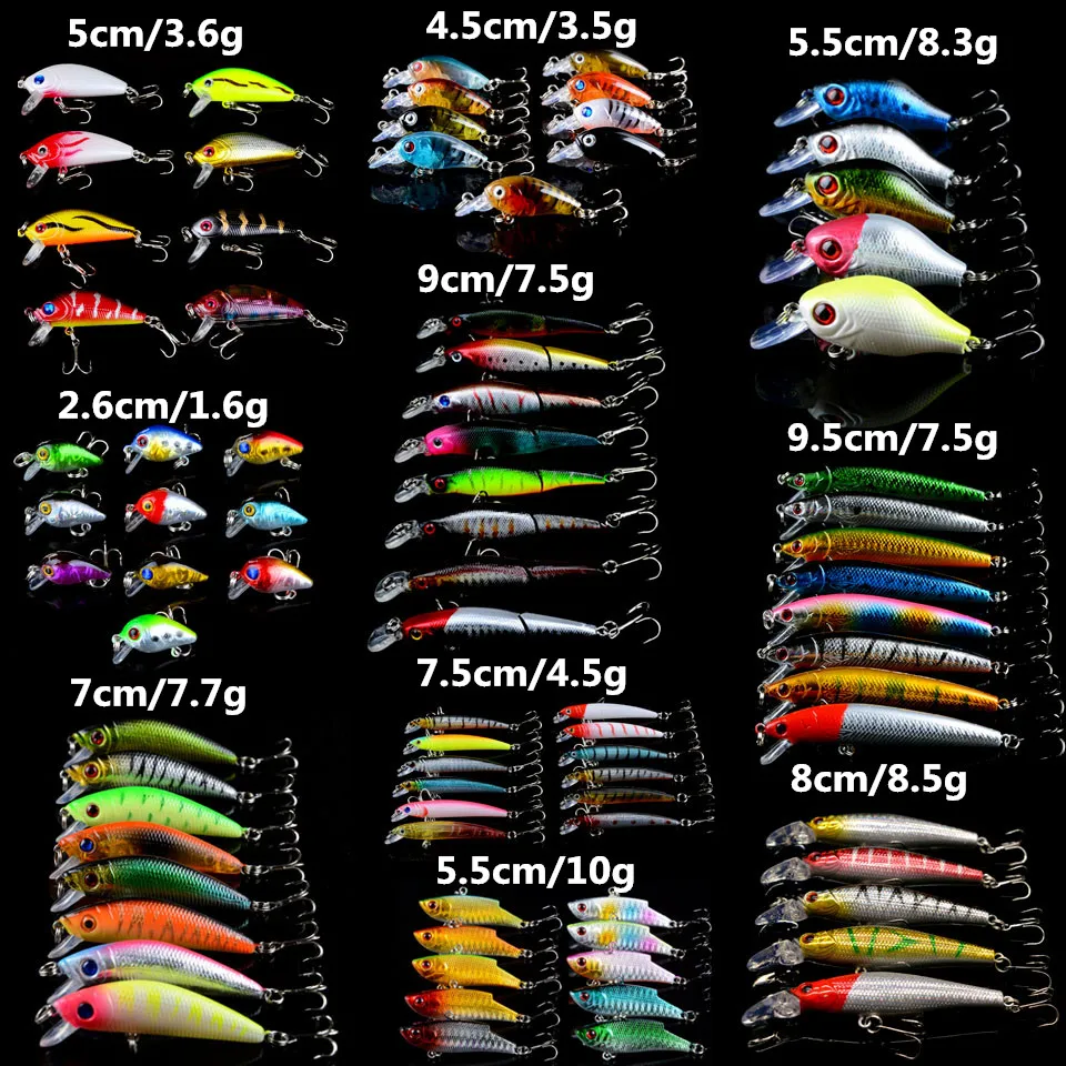 83pcs/Lot Fishing Lure Mixed 10 Models Wobblers Fishing Tackle 83 Colors Fishing Bait Minnow /Crank/VIB Bait Mix Wholesale
83pcs/Lot Fishing Lure Mixed 10 Models Wobblers Fishing Tackle 83 Colors Fishing Bait Minnow /Crank/VIB Bait Mix Wholesale
