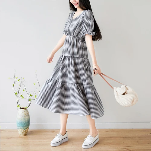 Loose Plaid Single Breasted Vintage Dress V Neck Brief Fashion Vestidos Chic Cotton Linen Elegant Plus Size Summer Dress
Loose Plaid Single Breasted Vintage Dress V Neck Brief Fashion Vestidos Chic Cotton Linen Elegant Plus Size Summer Dress