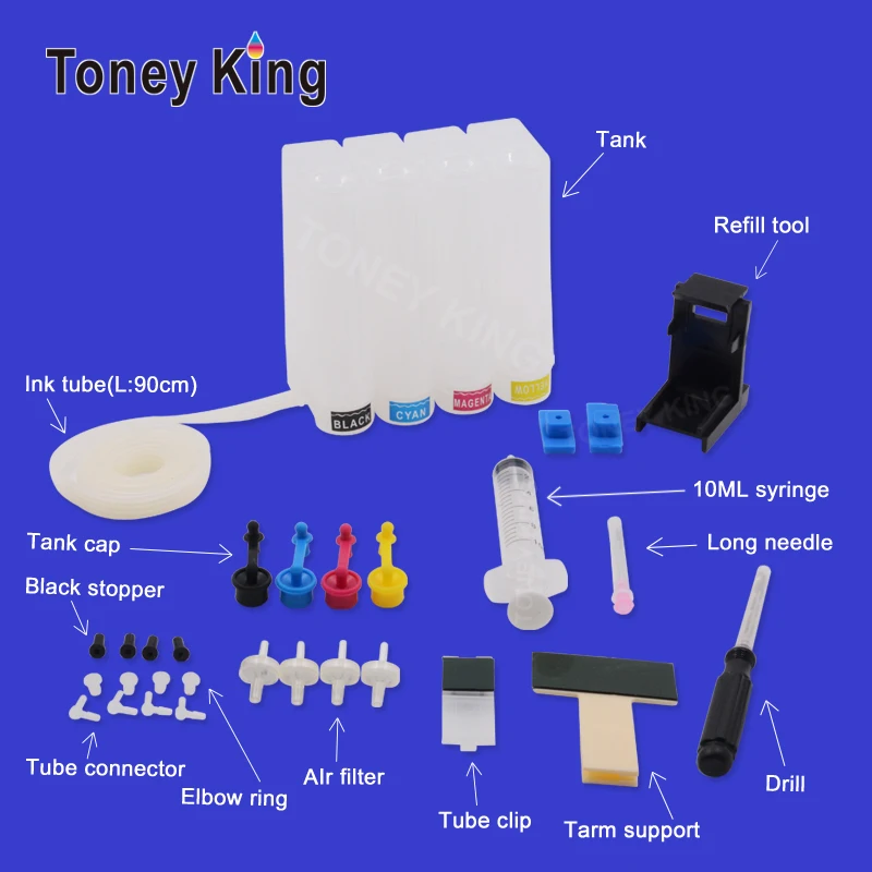

Набор для заправки чернил Toney King, 4 цвета, СНПЧ, Система непрерывной подачи чернил для картриджей принтеров HP, Canon, с всасывающим инструментом