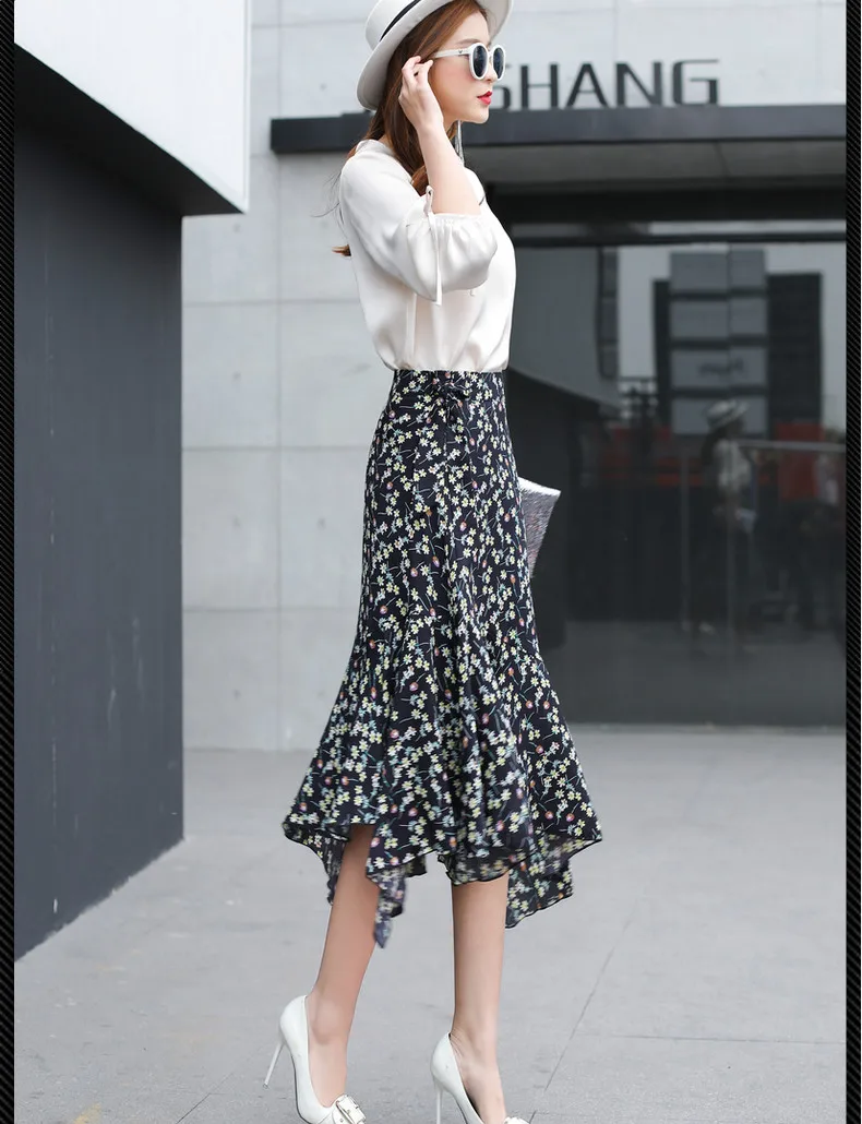 Spring Summer NEW Fancy Prints Irregular Hem Skirts Women Ruffled Medium Long Skirts