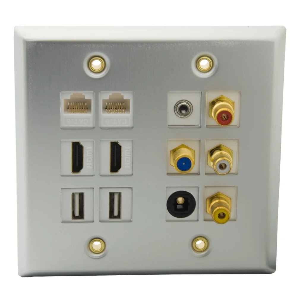 2 Gang Aluminum Solid Style 2 HDMI 3 RCA 2 Cat6 RJ45 2 USB 3.5 mm Stereo Audio F RG6 TV Torslink Wall Plate
2 Gang Aluminum Solid Style 2 HDMI 3 RCA 2 Cat6 RJ45 2 USB 3.5 mm Stereo Audio F RG6 TV Torslink Wall Plate