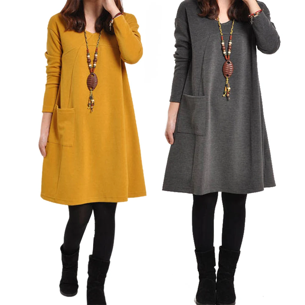 Women Dresses With Pocket Solid Color Long Sleeve V Neck Loose Casual Autumn Winter Dress Plus Size BMF88
Women Dresses With Pocket Solid Color Long Sleeve V Neck Loose Casual Autumn Winter Dress Plus Size BMF88