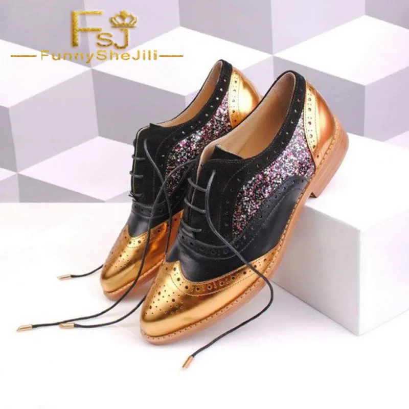 Black and Gold Two Tone Wingtip Glitter Women's Oxfords Lace up Flats Narrow Band Generous Noble Incomparable FSJ Sexy Elegant
Black and Gold Two Tone Wingtip Glitter Women's Oxfords Lace up Flats Narrow Band Generous Noble Incomparable FSJ Sexy Elegant