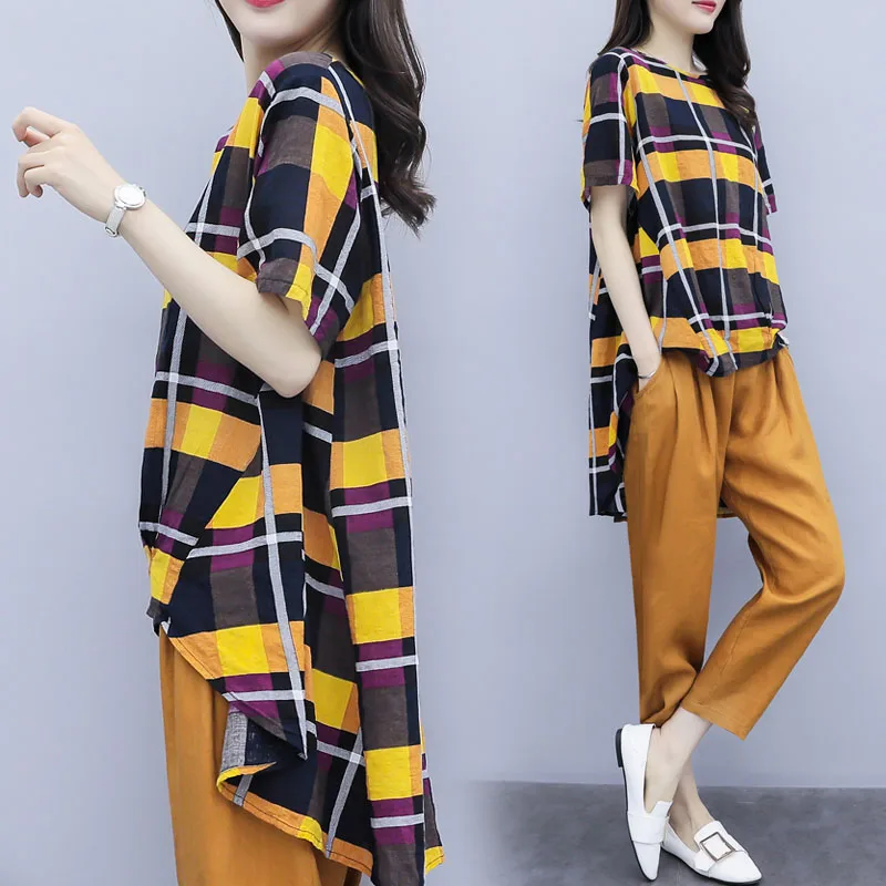 Leisure 2 Piece Set Women Elastic Waist Top&pants Set Plaid Women's Summer Suit Ensemble Femme Deux Pieces Conjunto Feminino
Leisure 2 Piece Set Women Elastic Waist Top&pants Set Plaid Women's Summer Suit Ensemble Femme Deux Pieces Conjunto Feminino