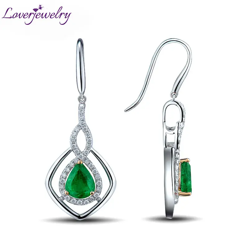

LOVERJEWELRY Dangle Earrings Pear 6x8mm Gemstone Solid 14Kt White Gold Diamonds Emerald Engagement Earring For Women Jewelri