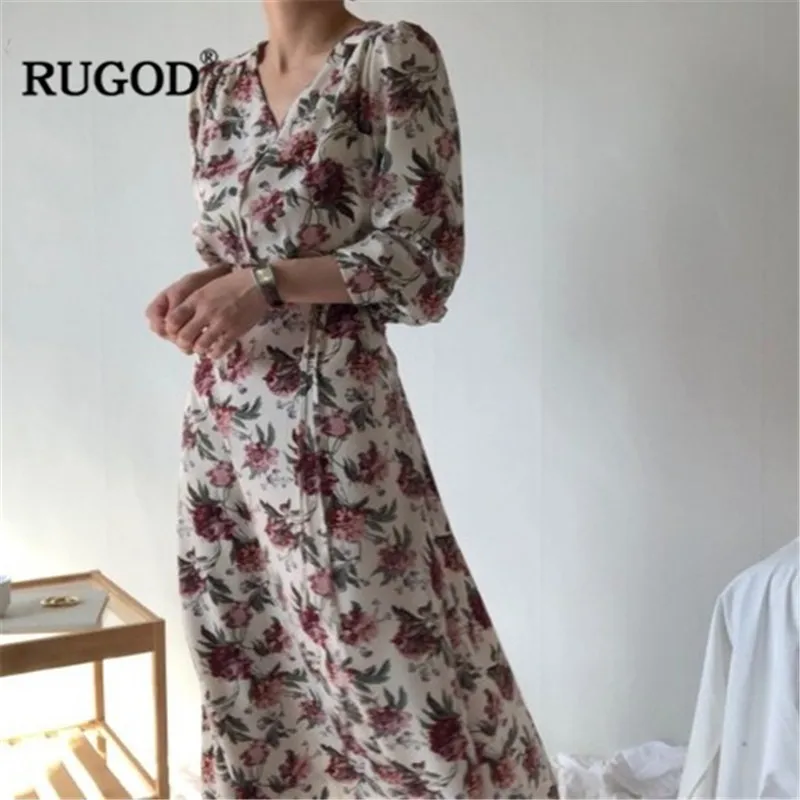RUGOD женское платье Повседневная с цветочным принтом фонарь рукав длинный пляжное