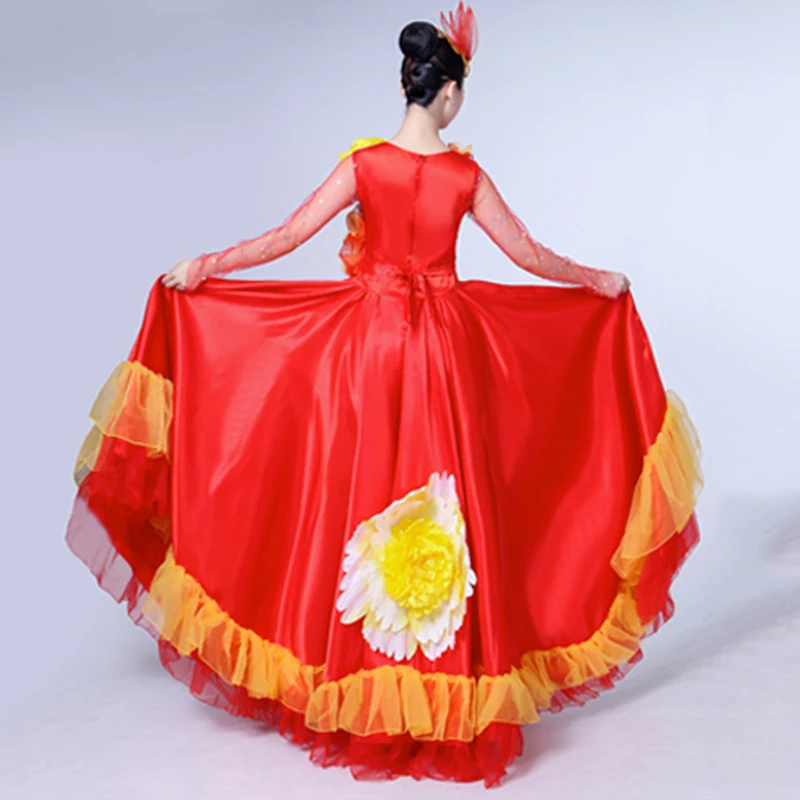 

Spanish Flamenco Dress Red Mesh Long Sleeve Ballroom Dancing Dresses Ladies Dancer Gypsy Costumes Women Performance Wear DN3590