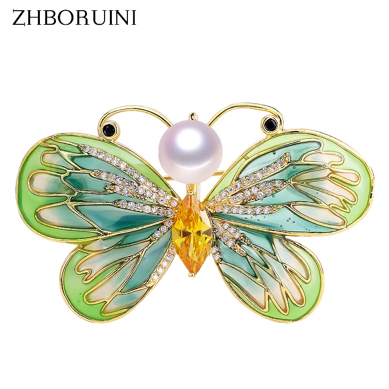 

ZHBORUINI New High Quality Natural Freshwater Pearl Brooch Enamel Butterfly Brooch Gold Pearl Jewelry For Women Not Fade Gift