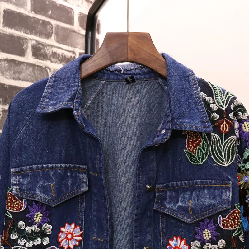 Женская джинсовая куртка длинная хлопковая с вышивкой и дырками 2019 | одежда