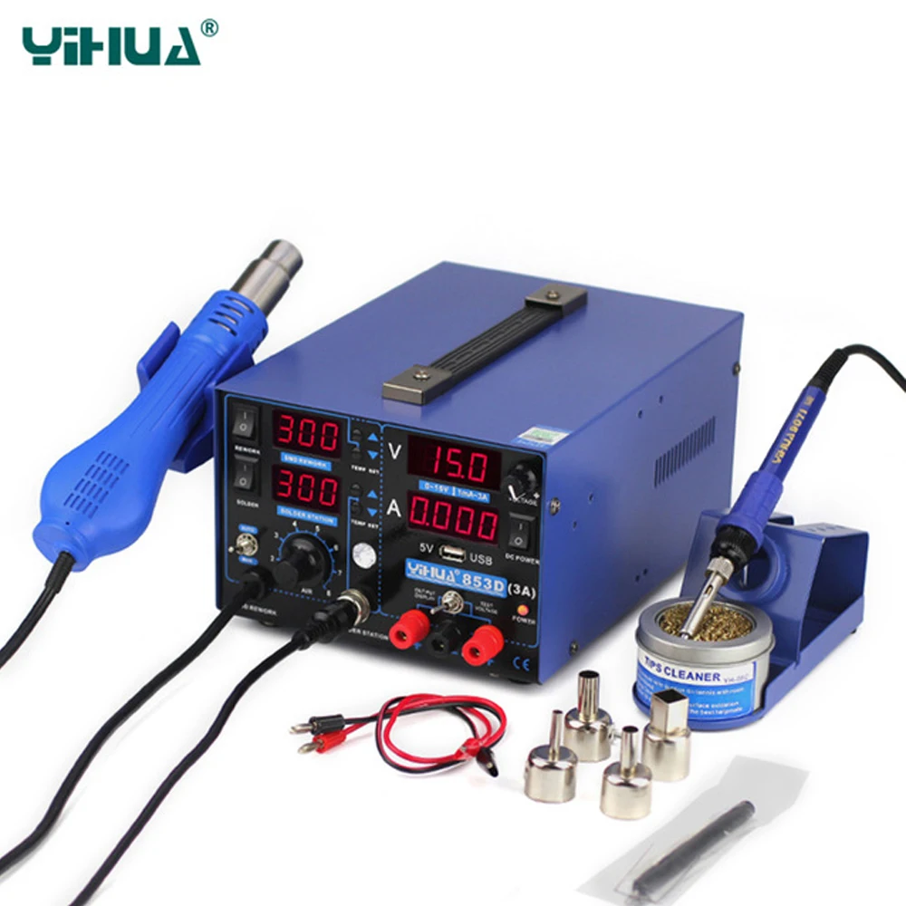 YIHUA 853D 3A USB Soldering Station Hot Air Gun 3 In 1 SMD DC Power Supply Rework Stations 110V 220V EU US PLUG Solder Station
YIHUA 853D 3A USB Soldering Station Hot Air Gun 3 In 1 SMD DC Power Supply Rework Stations 110V 220V EU US PLUG Solder Station