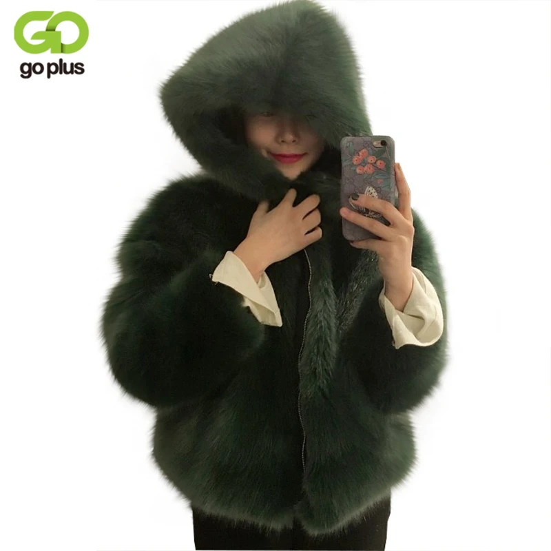 Женское пальто с искусственным мехом GOPLUS зеленое из лисьего меха длинным рукавом