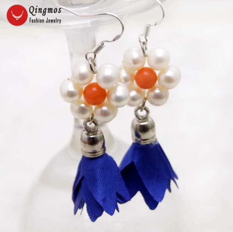 Qingmos Trendy Natural Pearl Earrings for Women with 6-7mm White Round Pearl & Blue Silk Flower Tassel Earring Fine Jewelry-e592
Qingmos Trendy Natural Pearl Earrings for Women with 6-7mm White Round Pearl & Blue Silk Flower Tassel Earring Fine Jewelry-e592