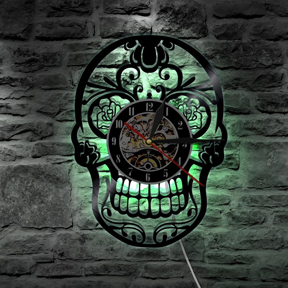Настенные часы с виниловой пластиной и изображением мексиканского черепа День