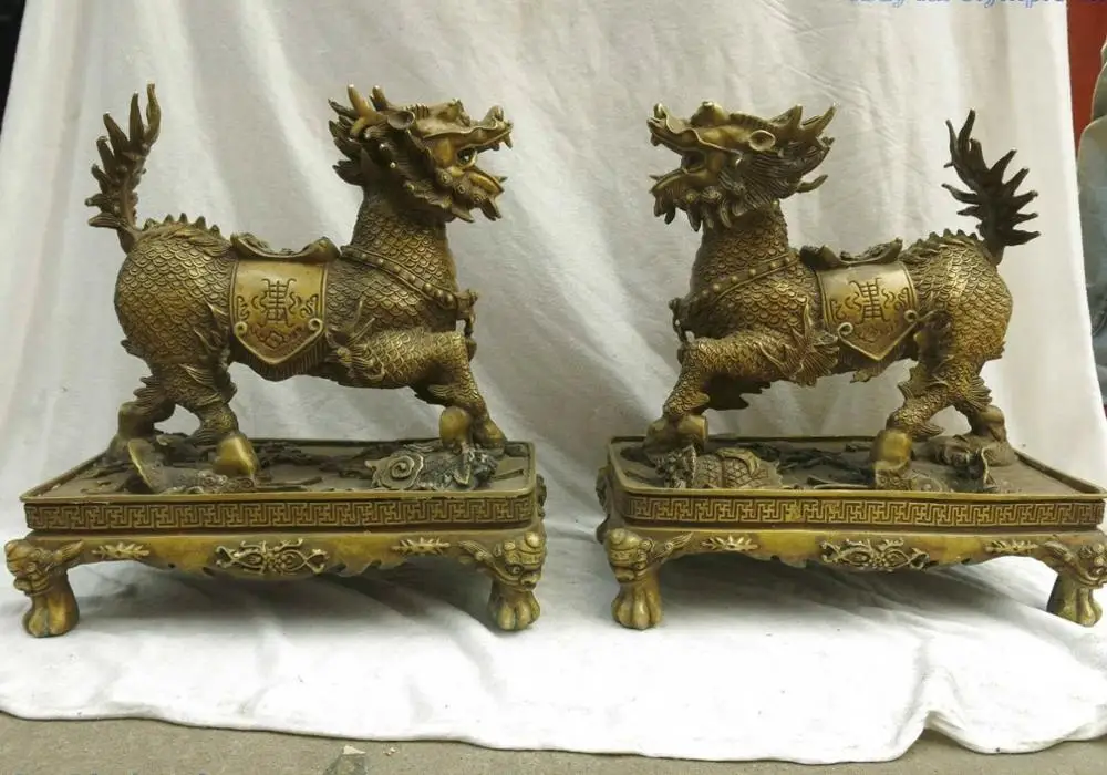 14 "Китайская латунная медная резной охранник Foo Собаки Лев kylins pairSculpture Статуи
14 "Китайская латунная медная резной охранник Foo Собаки Лев kylins pairSculpture Статуи