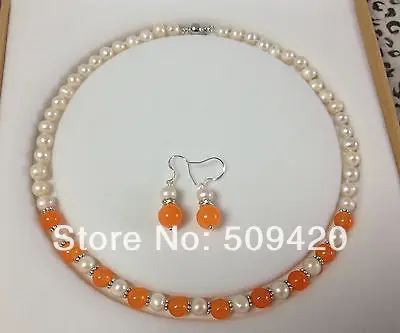 Free Shipping Wholesale>>>7-8MM White Akoya Cultured Pearl/Orange jade stone necklace earrings set
Free Shipping Wholesale>>>7-8MM White Akoya Cultured Pearl/Orange jade stone necklace earrings set