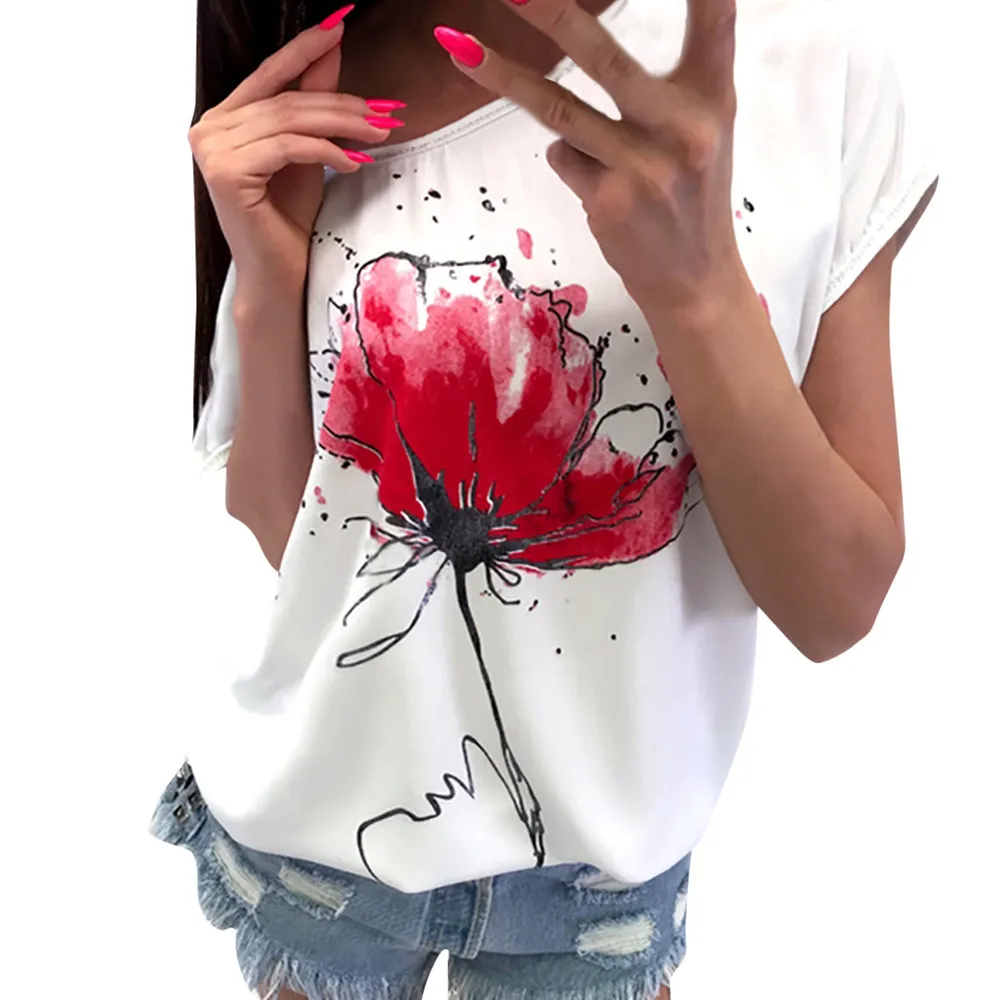 Женская футболка с коротким рукавом Повседневная Свободная цветочным принтом и