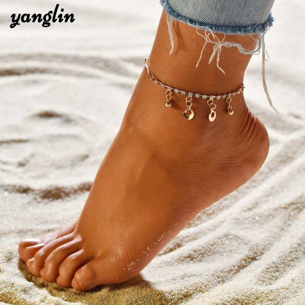 Summer Beach Gold Rhinestone Anklet Tassel Coin Charm Ankle Bracelets For Women Fashion Boho Foot Barefoot Chain Sandals Anklets | Украшения