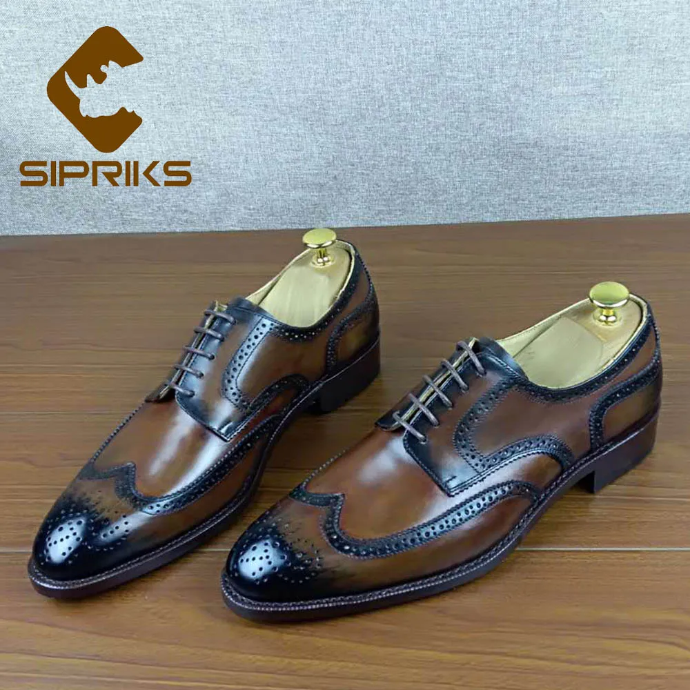 

Sipriks Mens Custom Goodyear Welted Shoes Italian Patina Calf Leather Brogue Shoes Boss Boss Business Office Social Party Shoes