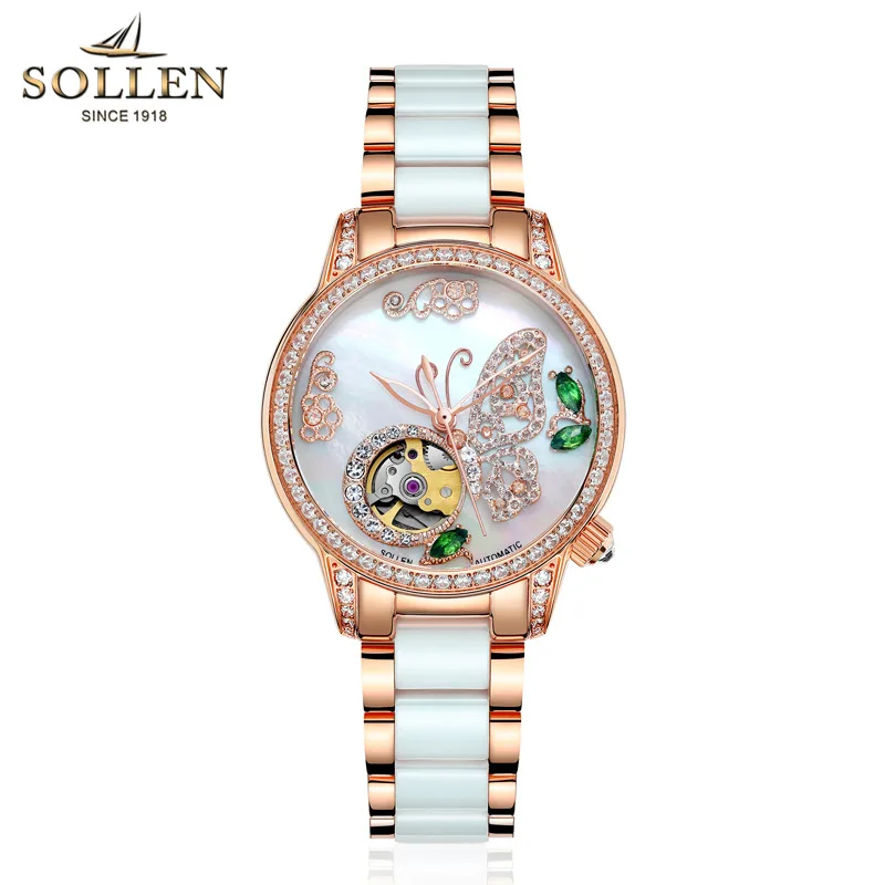 Relogios Feminino SOLLEN Топ Элитный бренд женские механические часы изумруды бабочки