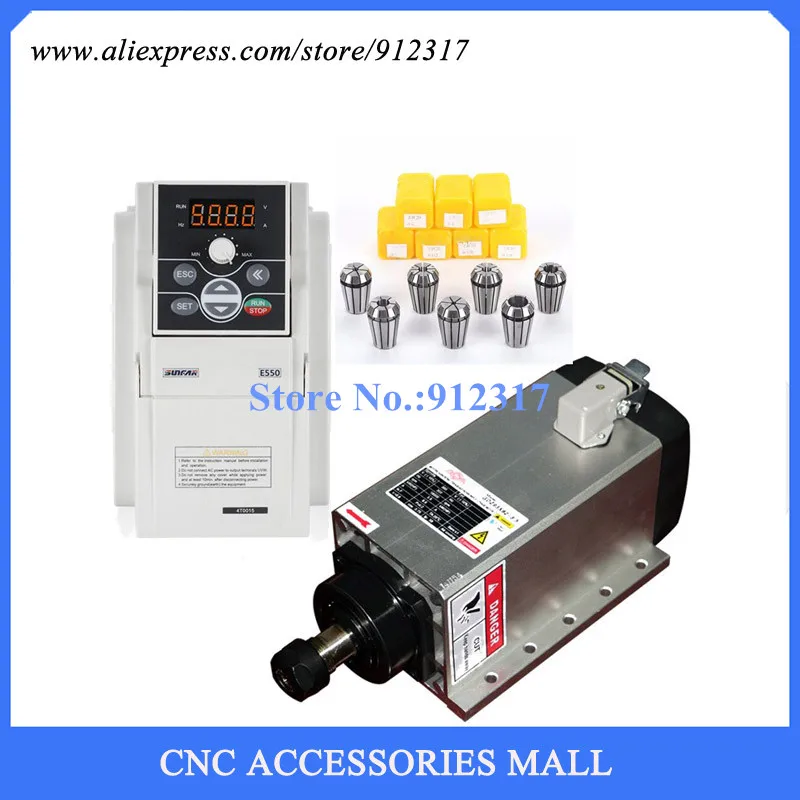 Full set cnc spindle motor 3.5kw ER20 air cooled milling spindle motor & Sunfar 3.7Kw AC220V VFD Inverter + ER20 Collets
Full set cnc spindle motor 3.5kw ER20 air cooled milling spindle motor & Sunfar 3.7Kw AC220V VFD Inverter + ER20 Collets